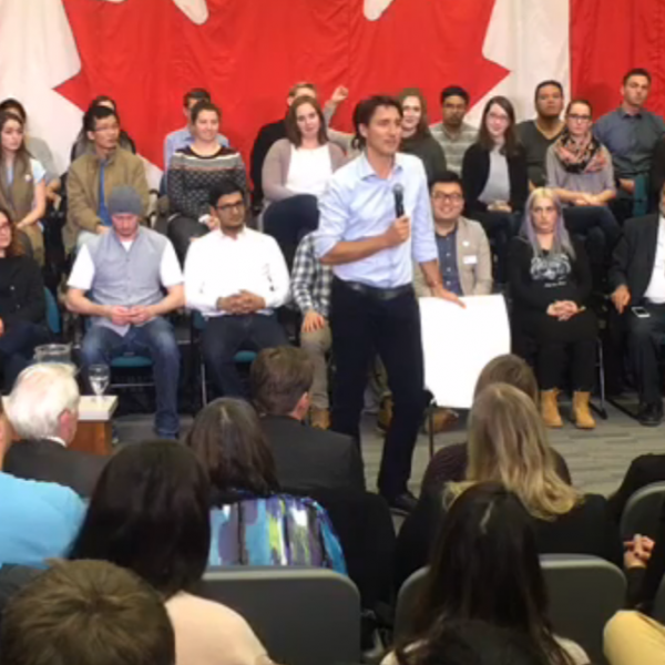 PM Justin Trudeau fields a question at his Saskatoon town hall.