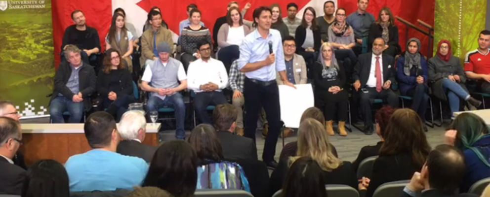 PM Justin Trudeau fields a question at his Saskatoon town hall.